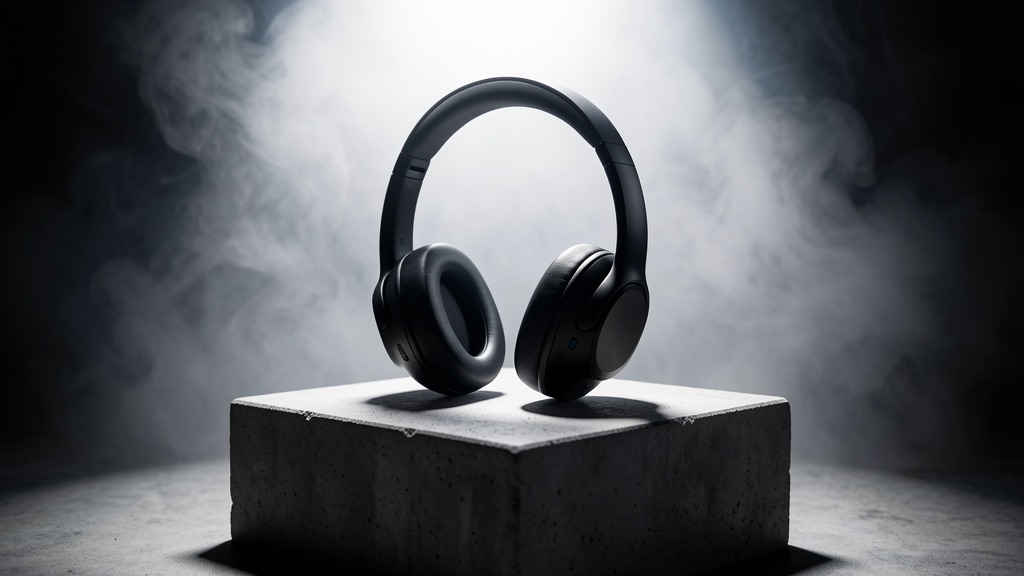 Black headphones on a concrete plinth
