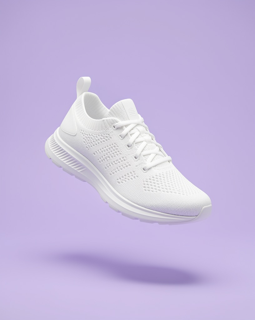White knit running shoe on a lilac background