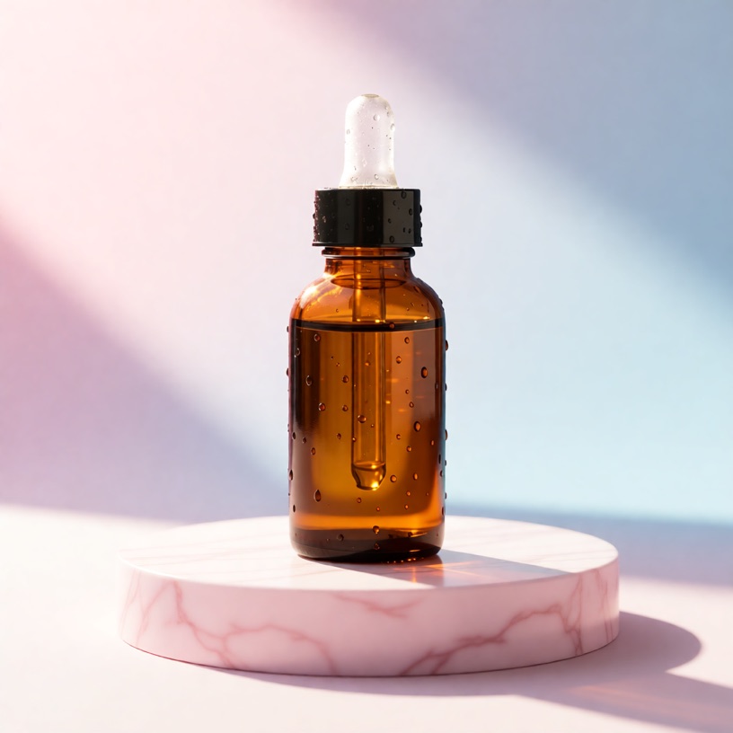 The serum bottle placed on a pink marble podium by an instruction edit